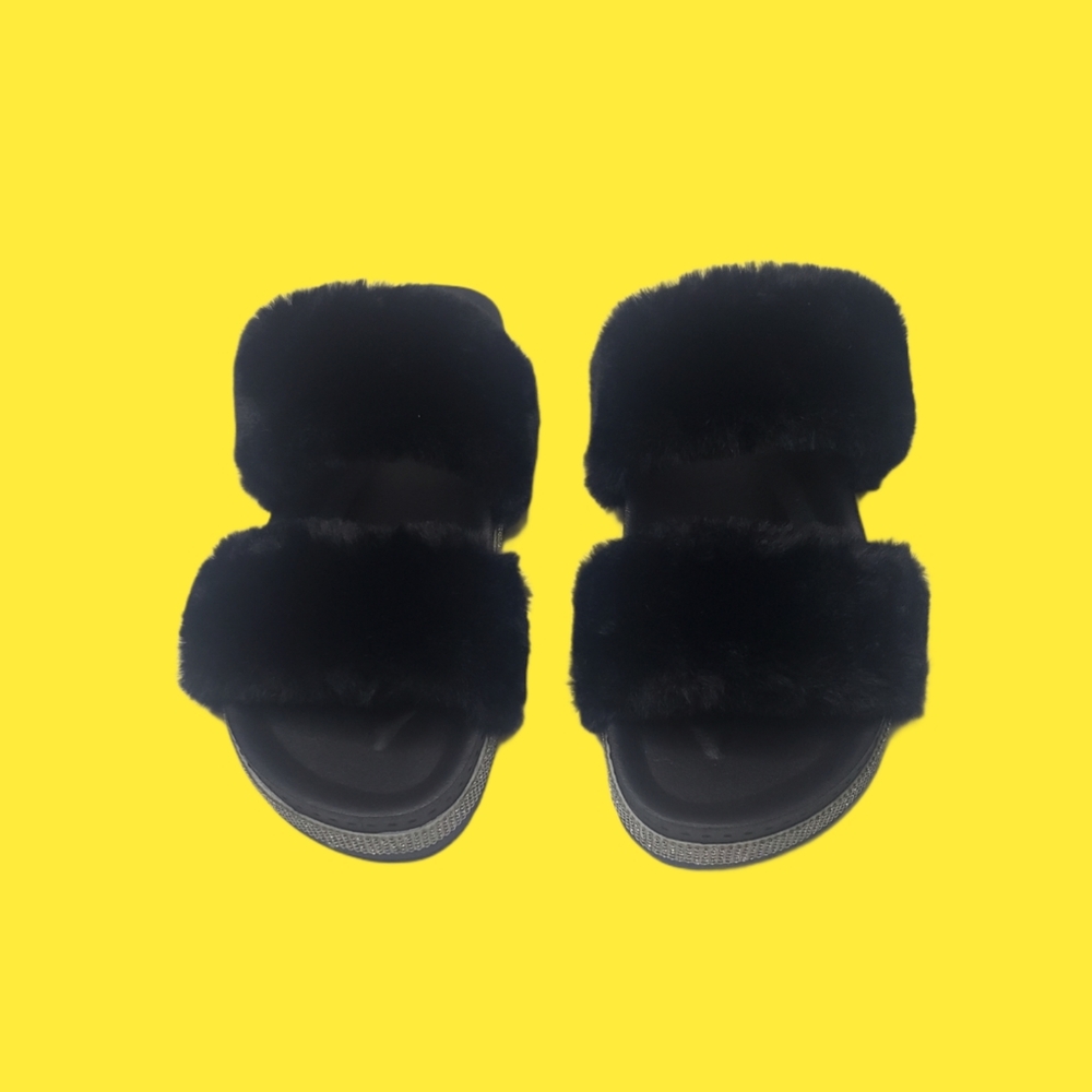 Diamonds Rhinestone Fluffy Fur Slides Thick Sole Sandals.